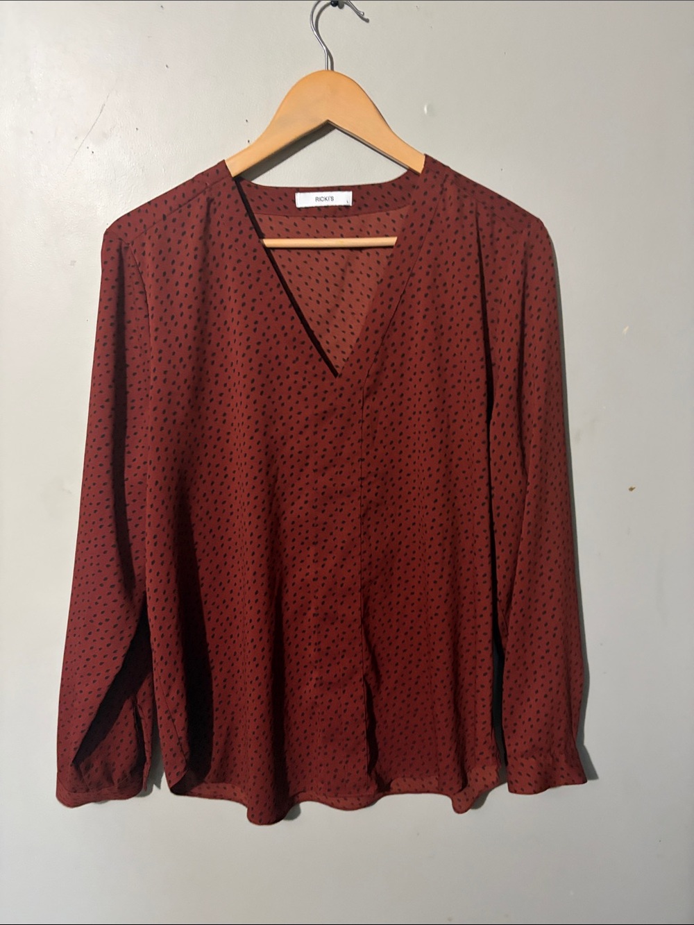 Ricki's Rust Red V-Neck Long Sleeve Blouse with Black Dot Print
